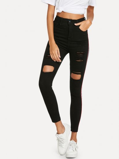 Striped Side Ripped Jeans - Click Image to Close