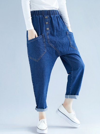 Button Solid Color Elastic Waist Casual Harem Denim - Click Image to Close