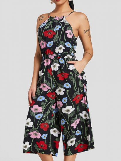 Floral Print Halter Pocket Long Casual Strap Jumpsuit for Women - Click Image to Close