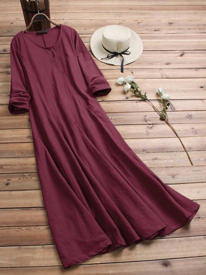 Women Vintage Cotton Tunic Baggy Long Sleeve Maxi Dress - Click Image to Close