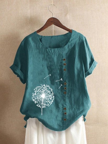 Floral Printed Short Sleeve Button T-shirt For Women - Click Image to Close