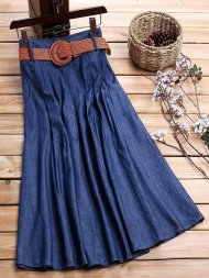 Solid Color Denim High Waist Elastic Waist Vintage Skirts