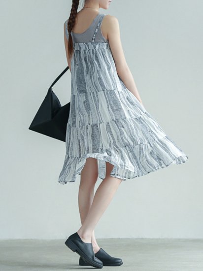 Stripe Patchwork Spaghetti Strap Vintage Mid-calf Dresses - Click Image to Close