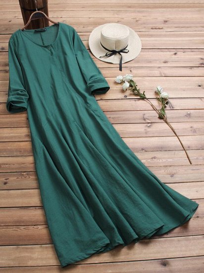 Women Vintage Cotton Tunic Baggy Long Sleeve Maxi Dress - Click Image to Close