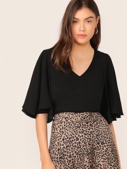 Solid V-Neck Flutter Sleeve Top - Click Image to Close