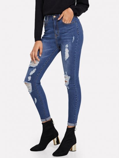 Dark Wash Destroyed Jeans - Click Image to Close