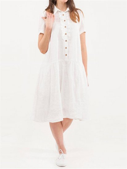 Vintage Button Solid Color Short Sleeve Dress - Click Image to Close