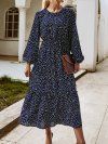 Polka Dot Print Long Sleeves O-neck High Waist Dress