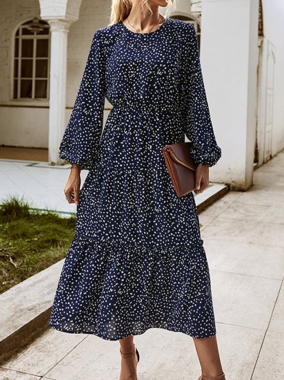 Polka Dot Print Long Sleeves O-neck High Waist Dress - Click Image to Close