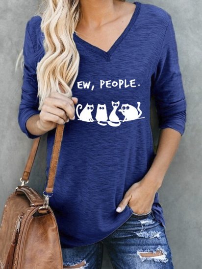 Cartoon Cat Print V-neck Long Sleeve Casual Women T-Shirt - Click Image to Close