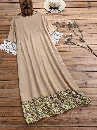 Floral Printed Patchwork Vintage Crew Neck Short Sleeve Maxi Dress - Click Image to Close