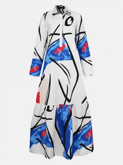 Graffiti Print Button Long Sleeve Causal Dress for Women - Click Image to Close