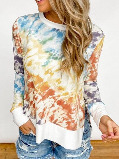 Tie-dye O-neck Side Slit Casual Long Sleeve T-Shirt - Click Image to Close