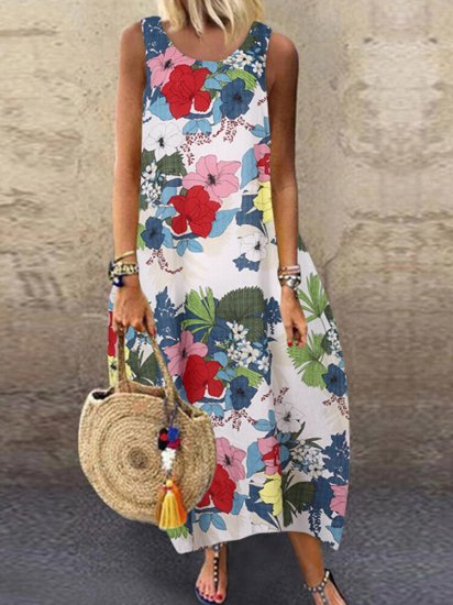 Flower Printed Sleeveless O-neck Casual Dress - Click Image to Close