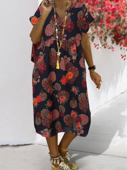 Casual Floral Print V-neck Short Sleeve Loose Midi Cotton Dress - Click Image to Close