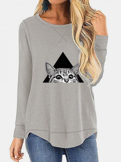 Cat Printed Casual O-neck Irregular T-Shirt For Women - Click Image to Close