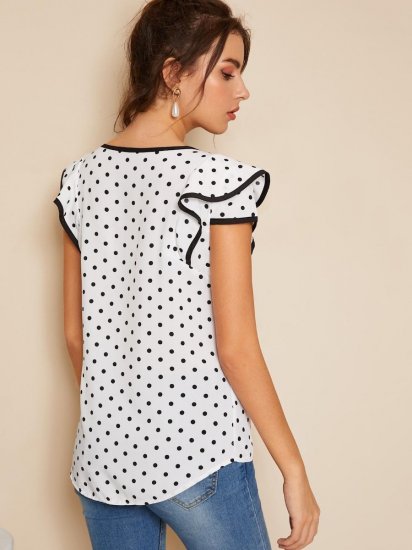 Polka Dot Piping Trim Blouse - Click Image to Close