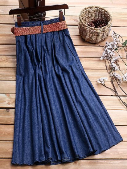 Solid Color Denim High Waist Elastic Waist Vintage Skirts - Click Image to Close