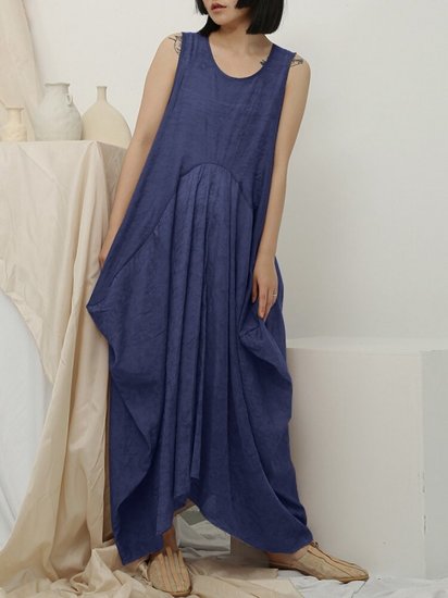 Irregular Sleeveless Solid Color Vintage Dress For Women - Click Image to Close