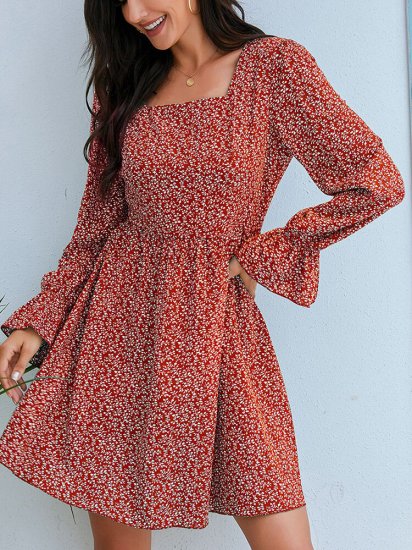 Floral Printed Bell Sleeve Square Collar Mini Dress - Click Image to Close