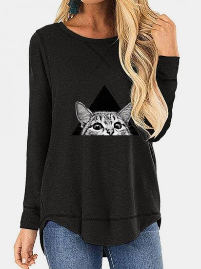 Cat Printed Casual O-neck Irregular T-Shirt For Women - Click Image to Close