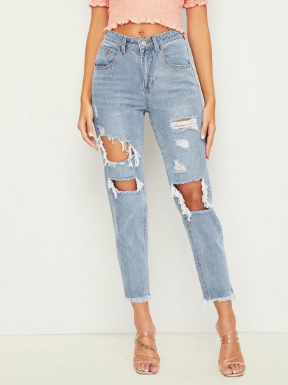 Ripped Raw Hem Crop Jeans - Click Image to Close