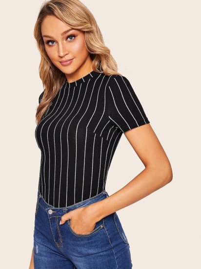 Mock-neck Vertical Striped Top - Click Image to Close