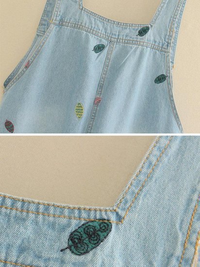 Casual Leaf Embroidered Strap Short Denim Pants - Click Image to Close