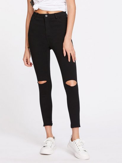 Knee Cut Frayed Hem Skinny Jeans - Click Image to Close