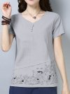 Leaves Embroidered Short Sleeve V-neck T-shirt For Women