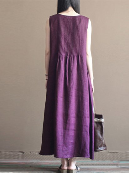 Vintage Pleated Sleeveless Pure Color O-neck Dresses - Click Image to Close