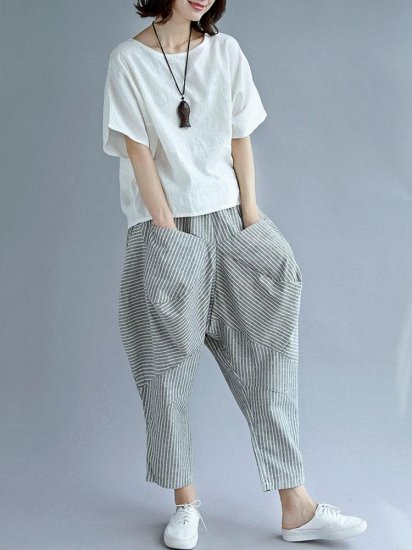 Elastic Waist Loose Stripe Casual Harem Pants With Pockets - Click Image to Close