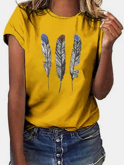 Feather Print Short Sleeves O-neck Casual T-shirt For Women - Click Image to Close