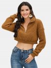 Solid Color Zipper Turn Down Collar Long Sleeves Casual Tops