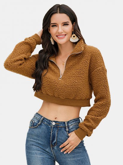 Solid Color Zipper Turn Down Collar Long Sleeves Casual Tops - Click Image to Close