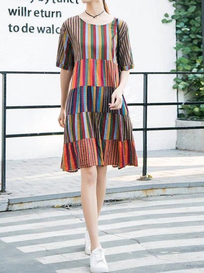 Stripe Multi-color Short Sleeve O-neck Casual Dresses - Click Image to Close