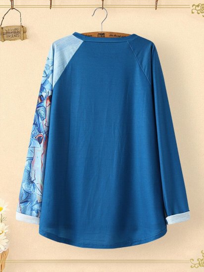 Vintage Patchwork Printed O-neck Long T-shirt For Women - Click Image to Close