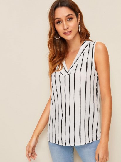 V-neck Striped Sleeveless Blouse - Click Image to Close