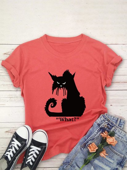 Cartoon Cat Printed Short Sleeve O-neck T-shirt For Women - Click Image to Close