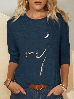 Cat Print Long Sleeves O-neck Casual T-shirt For Women