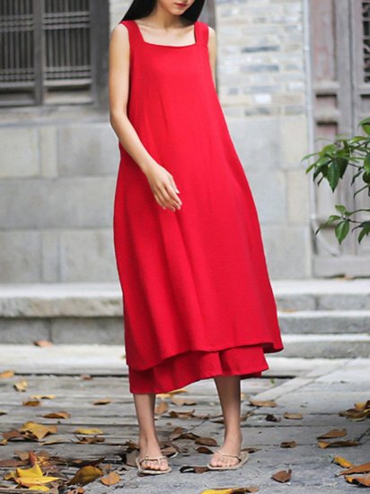 Sleeveless Pure Color Drawstring Layered Vintage Dresses - Click Image to Close