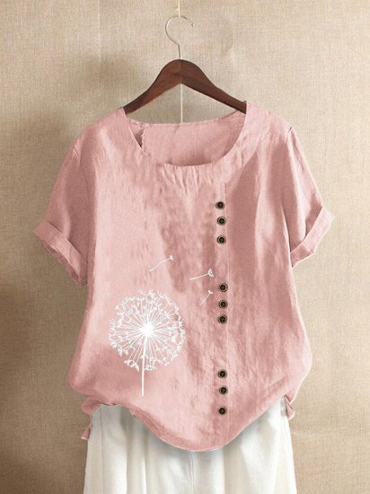 Floral Printed Short Sleeve Button T-shirt For Women - Click Image to Close