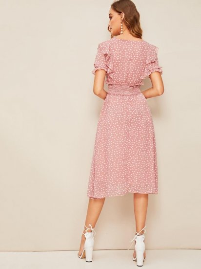 Ruffle Trim Puff Sleeve Shirred Waist Dress - Click Image to Close