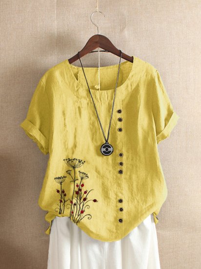 Vintage Floral Embroidery Short Sleeve T-shirt - Click Image to Close