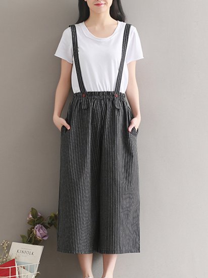 Casual Stripe Print Wide Leg Rompers For Women - Click Image to Close