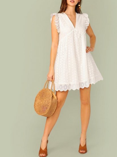 Ruffle Armhole Eyelet Embroidered Smock Dress - Click Image to Close