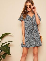 Ruffle Hem Button Up Floral Dress