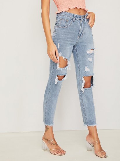 Ripped Raw Hem Crop Jeans - Click Image to Close