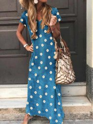 Floral Printed Short Sleeve V-neck Maxi Dress