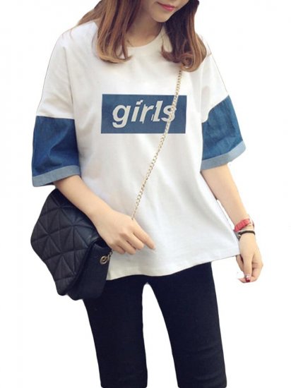 Denim Patchwork Printed Letters Short Sleeve Casual T-Shirts - Click Image to Close